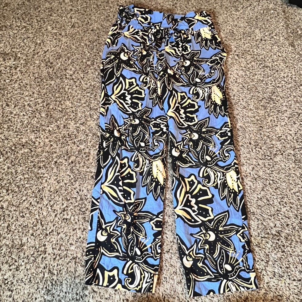 Calligraphie Blue Floral Linen Blend‎ Paperbag Waist Wide Leg Cropped Pants Sz S